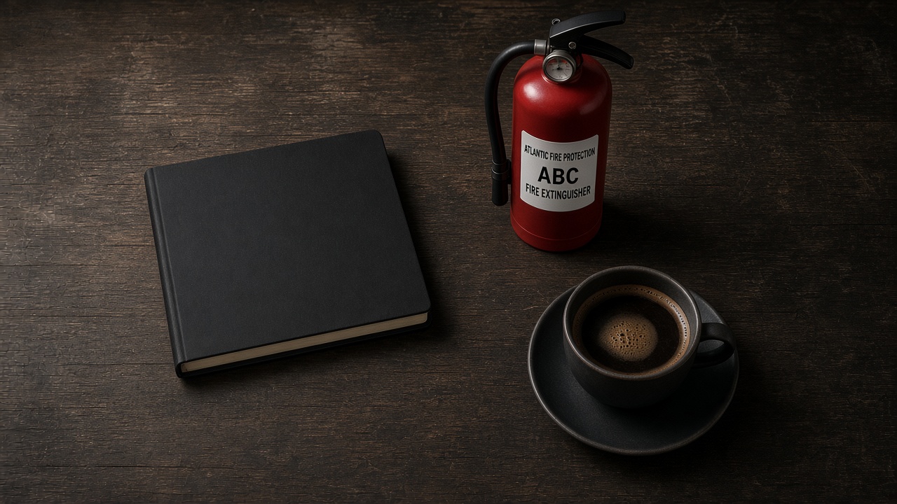 Red ABC fire extinguisher beside a closed black notebook and a cup of coffee on a dark wooden desk