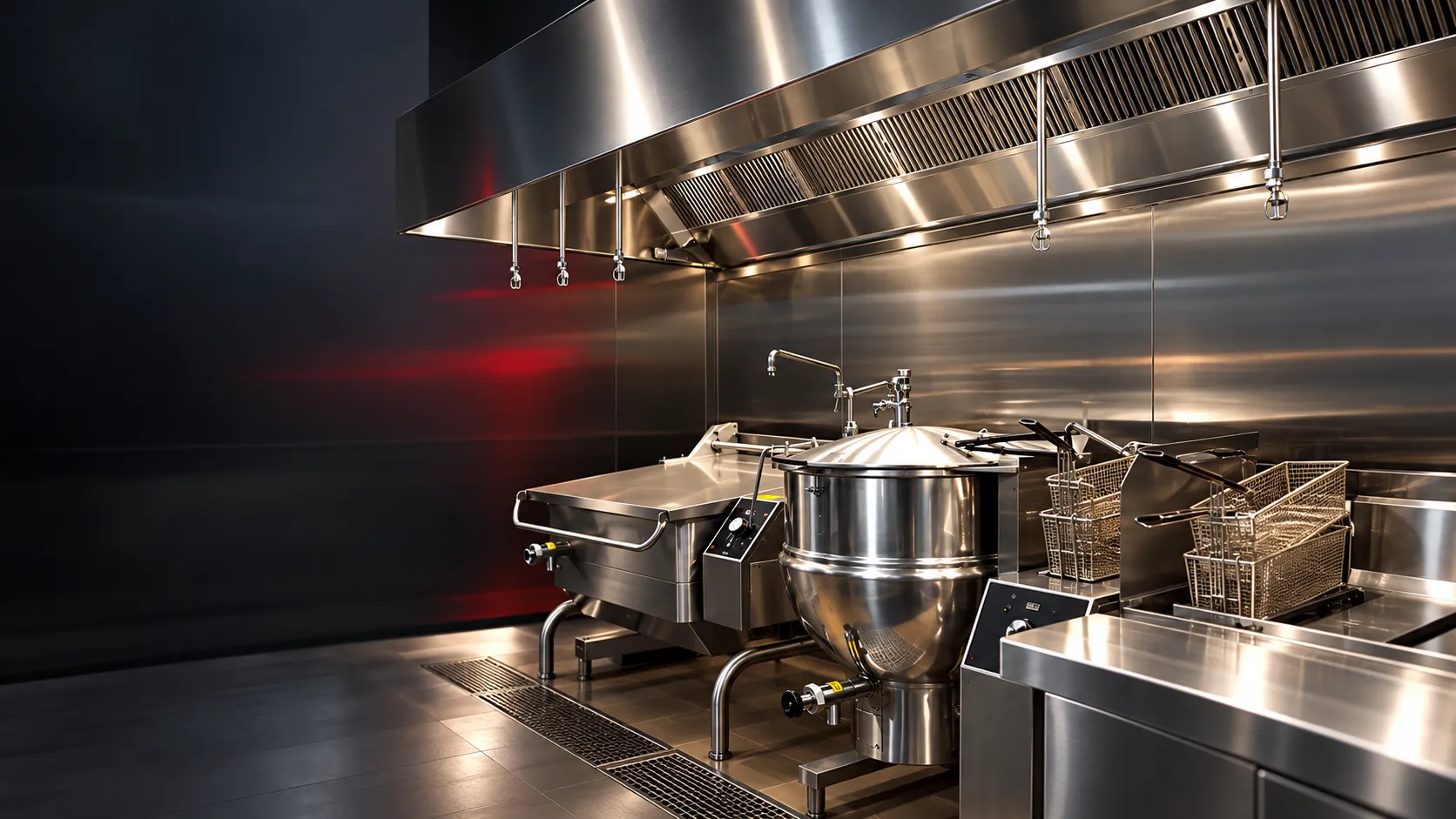 Modern stainless steel commercial kitchen with chrome wet chemical fire suppression nozzles above the cooking line
